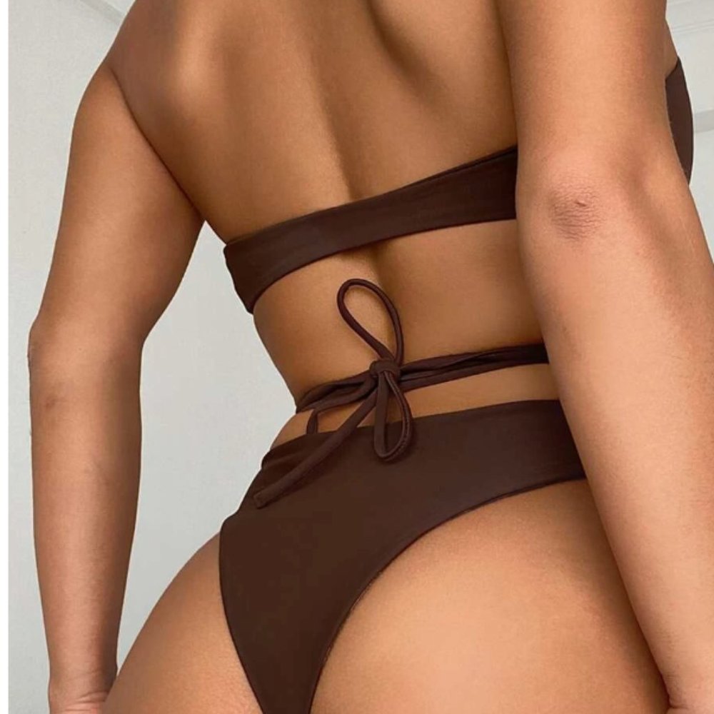Shein Brown Cross Halter High Cut Bikini Swimsuit Size Medium - Picture 3 of 6